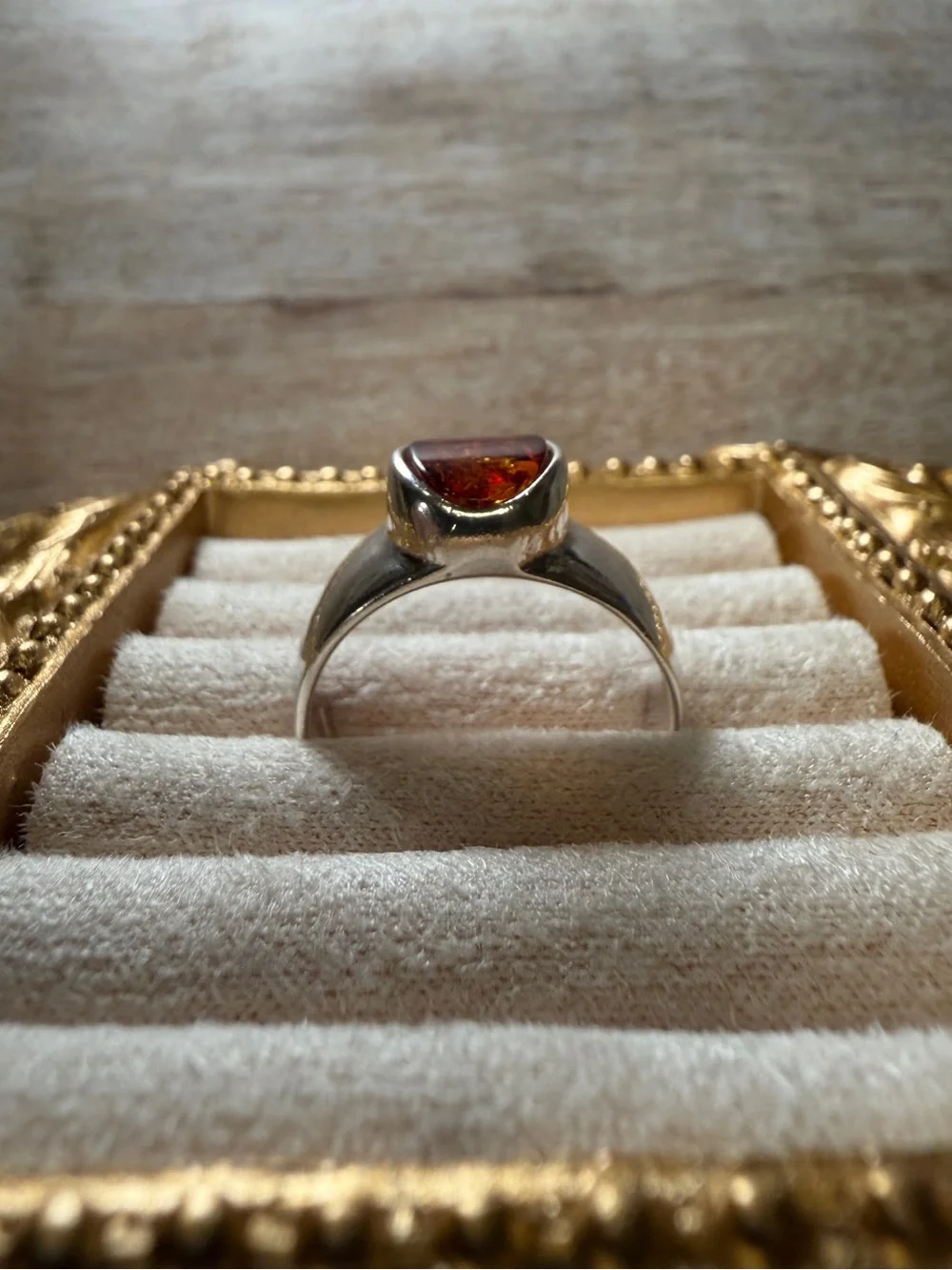 Vintage Sterling Silver Oval Amber Bezel-Set Signet Style Ring - Size 7.75